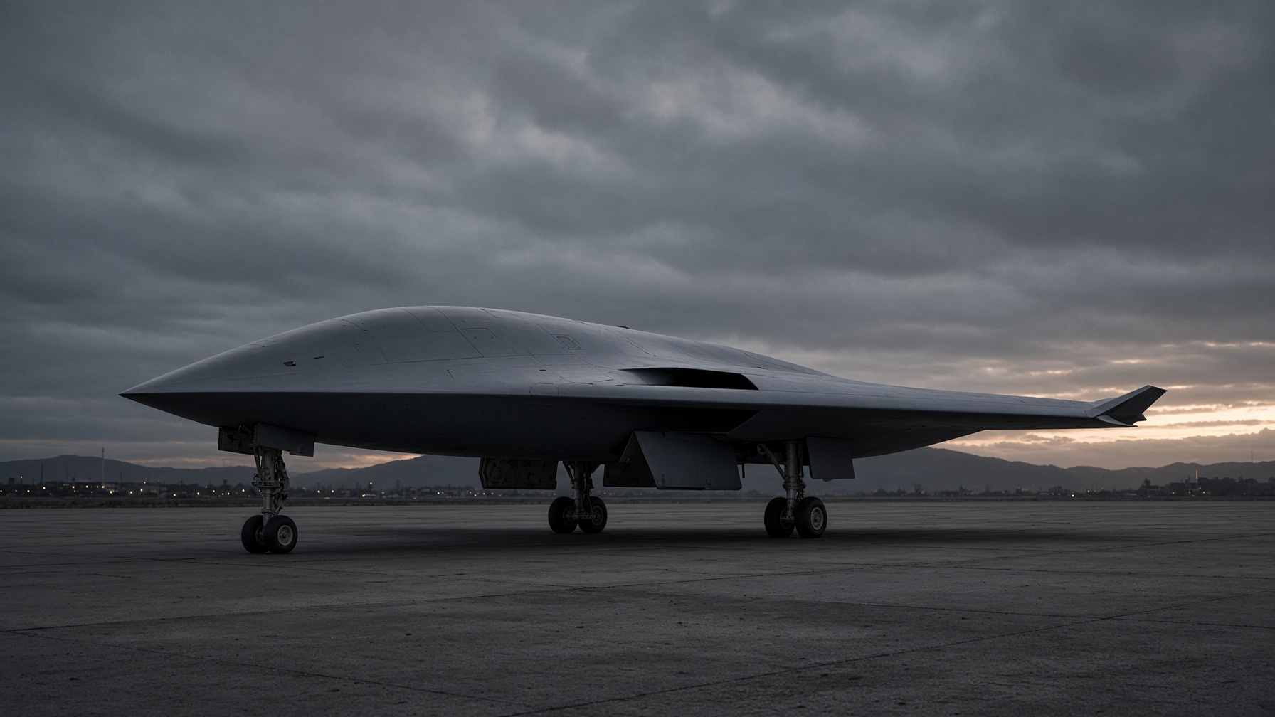 A combat aircraft on the ramp at dusk