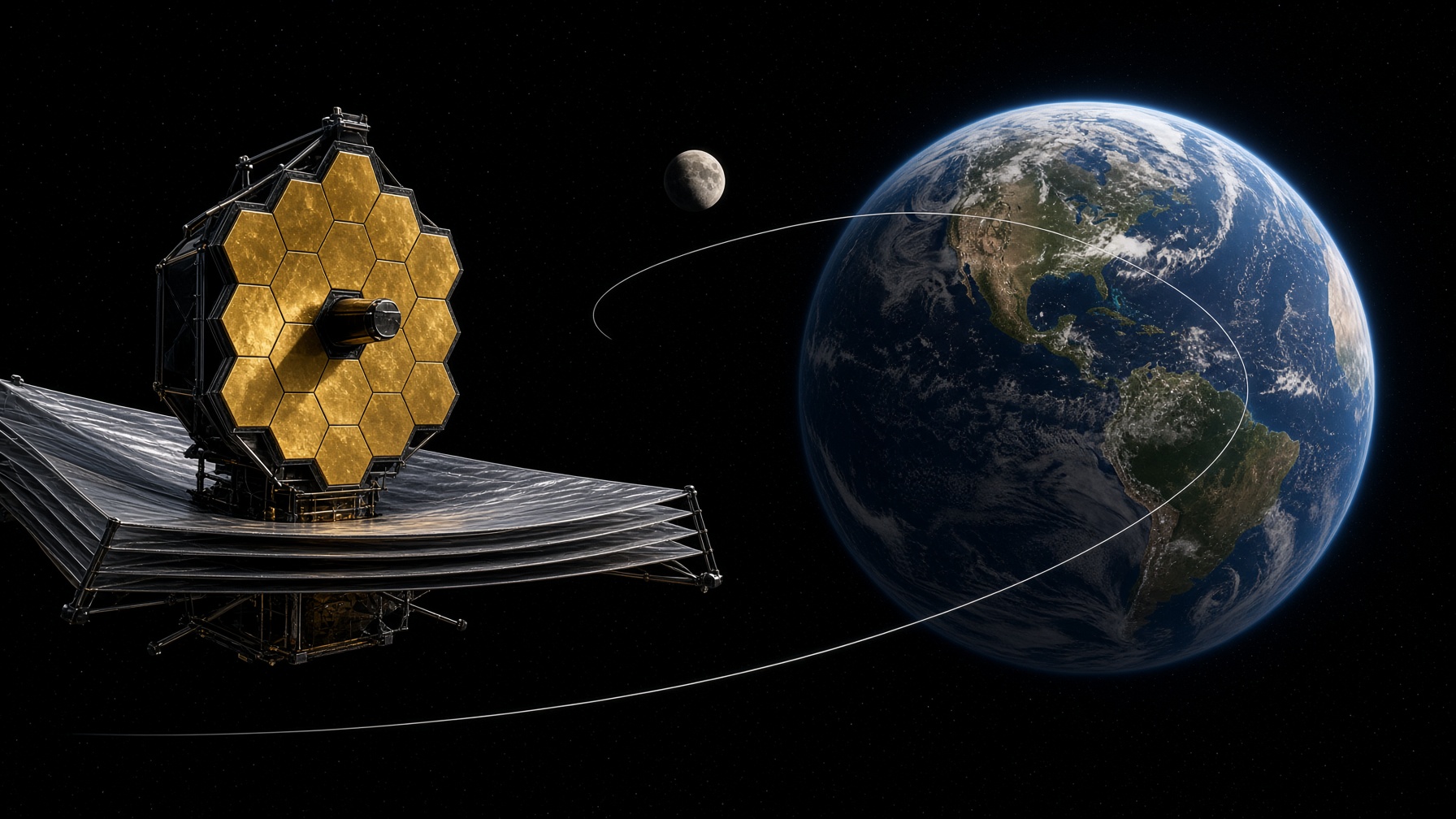 A Webb-class space telescope above Earth, with the Moon and a free-return trajectory