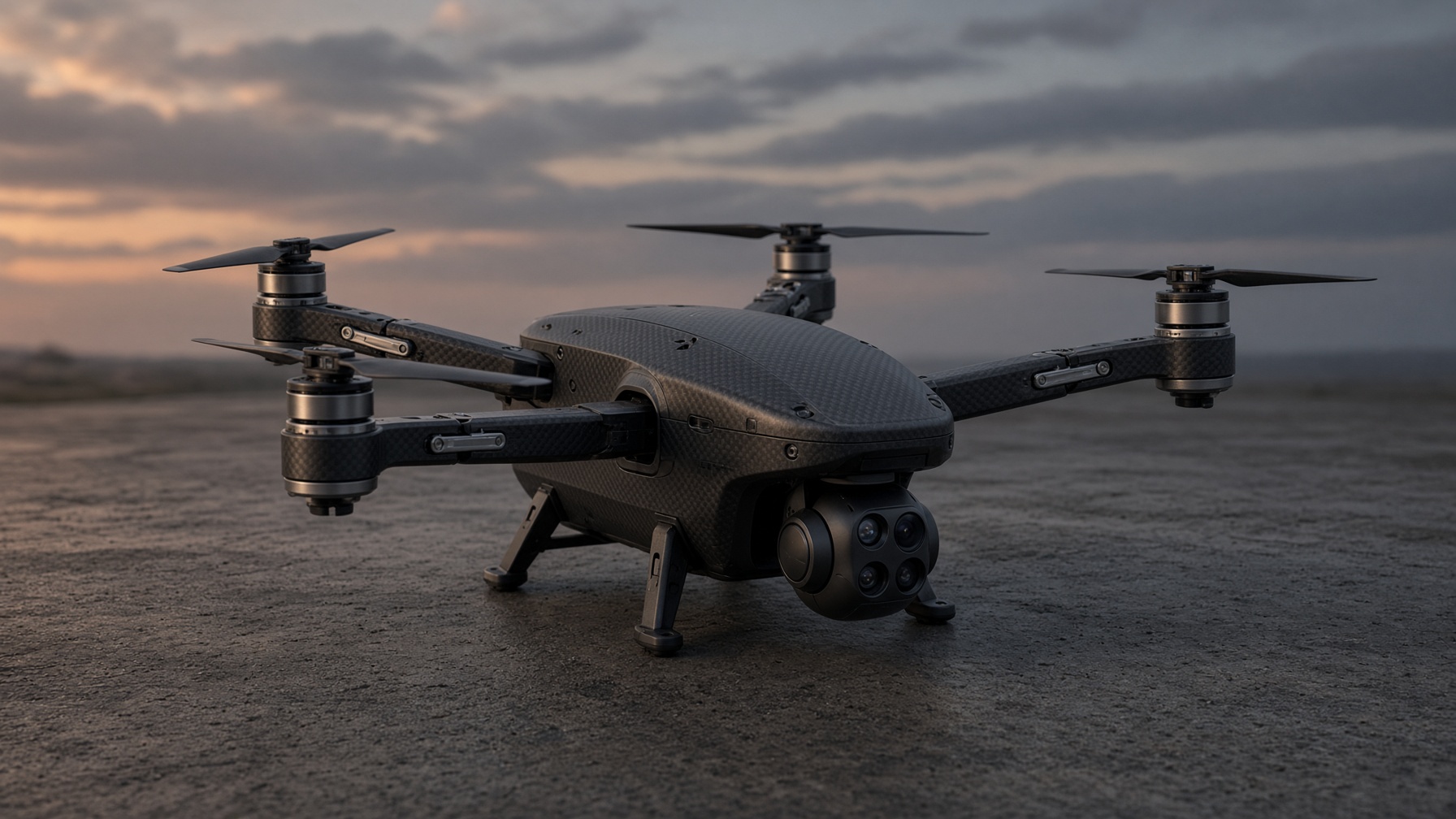 A small high-tech VTOL drone on a concrete pad